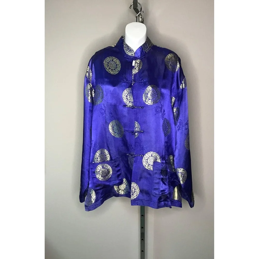 Mens Chinese Traditional Royal Blue Gold Silk Satin Tang Suit Jacket Size XXL